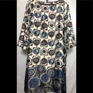 W.D.N.Y  Print Dress, Size 8   Cream/Brown/Blue